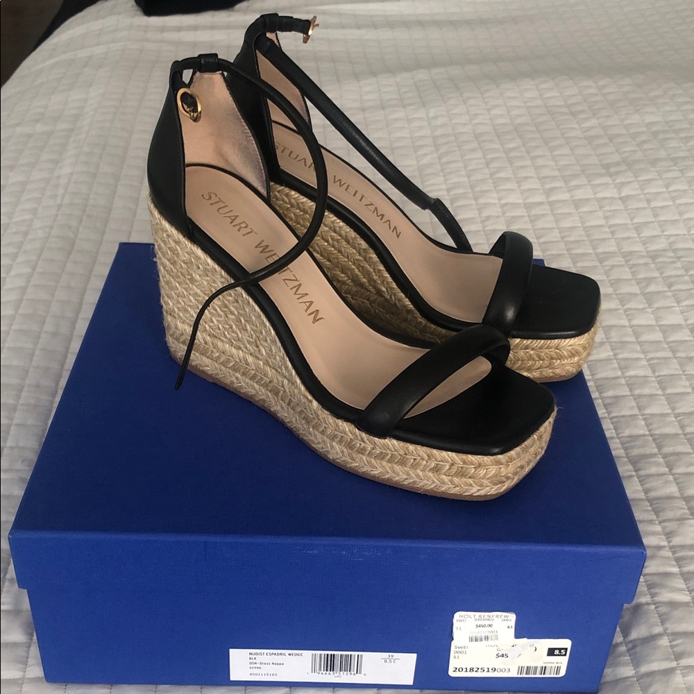 Stuart Weitzman Black Wedges with Natural Platform Espadril